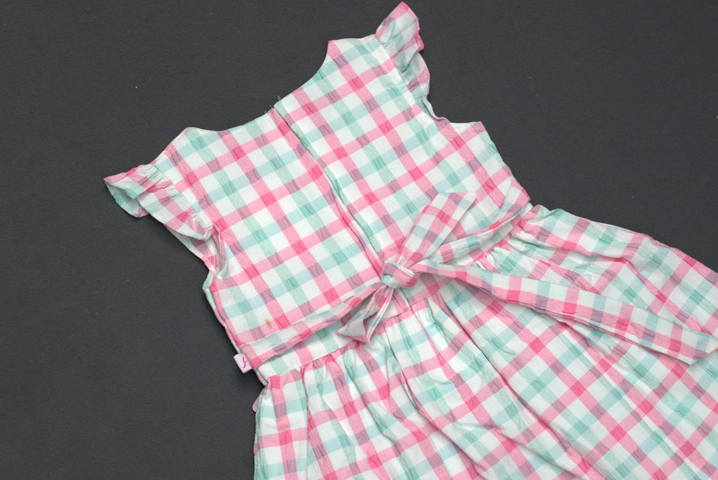 Pastel Checkered Kids Frock with Bow Pocket Detail