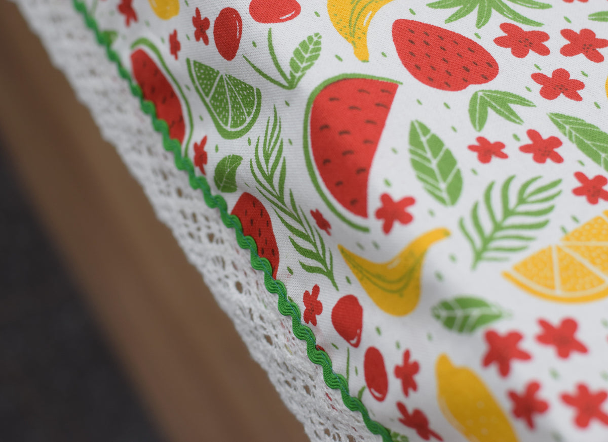 Colorful Fruit Print Table Cloth with Green Border & White Lace – Nushio by Pulpel