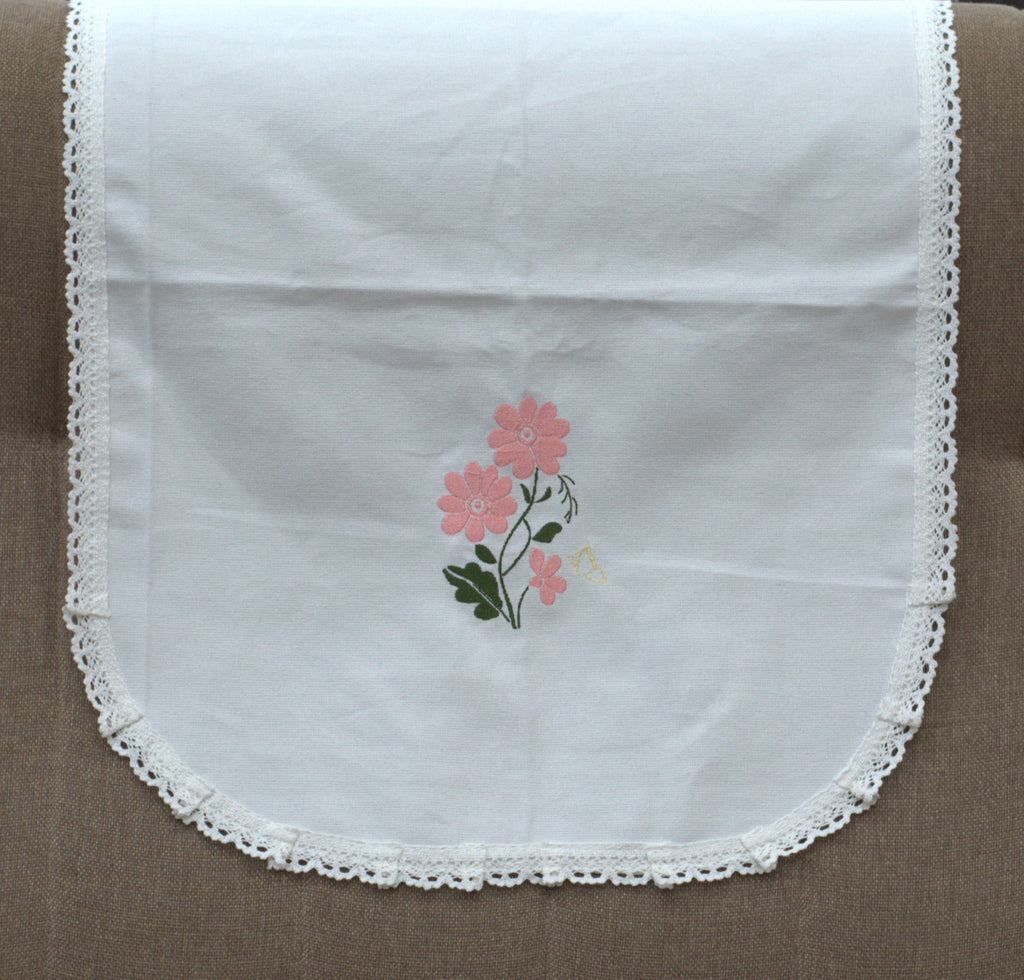 White Floral Embroidered Chair Back Cover Set