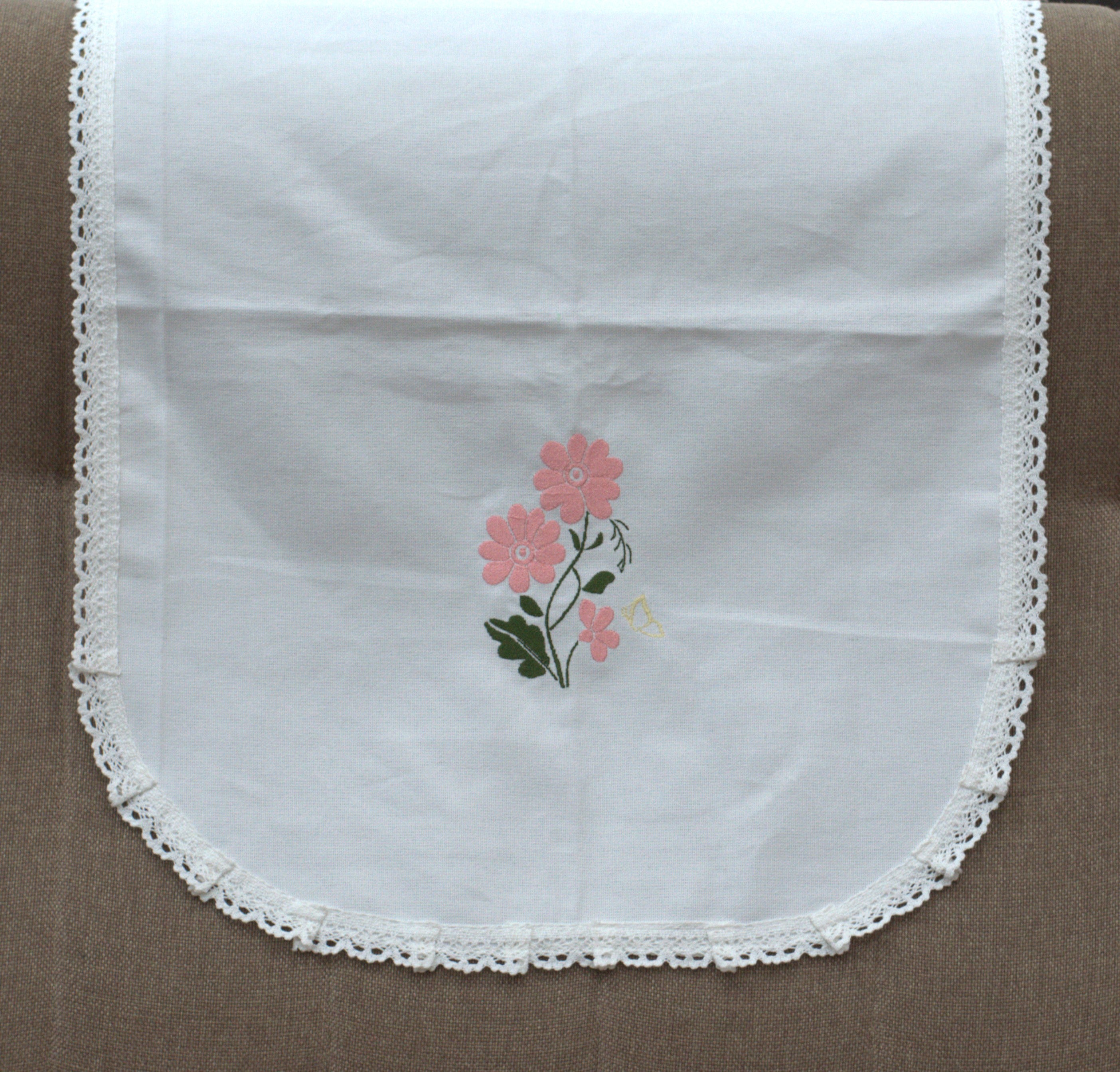 White Floral Embroidered Chair Back Cover Set