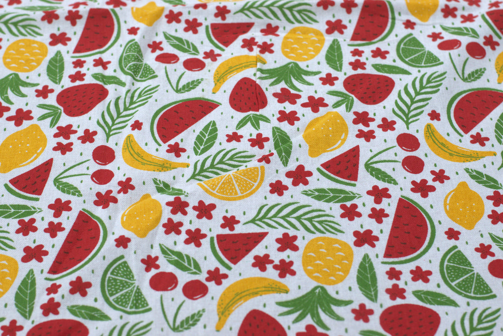 Colorful Fruit Print Table Cloth with Green Border & White Lace – Nushio by Pulpel