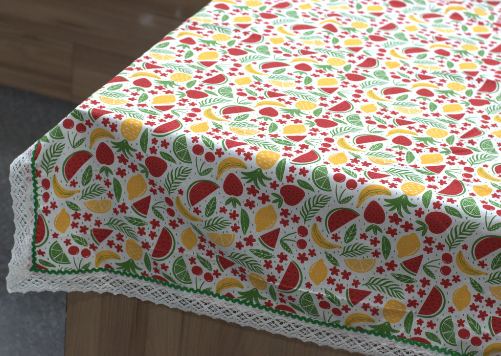 Colorful Fruit Print Table Cloth with Green Border & White Lace – Nushio by Pulpel