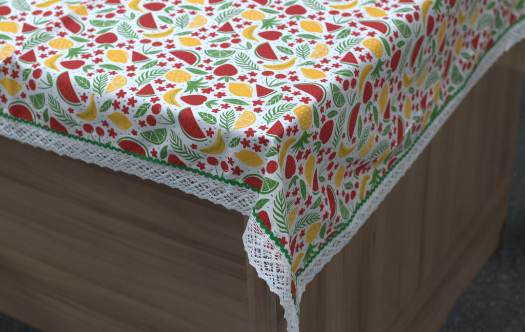Colorful Fruit Print Table Cloth with Green Border & White Lace – Nushio by Pulpel