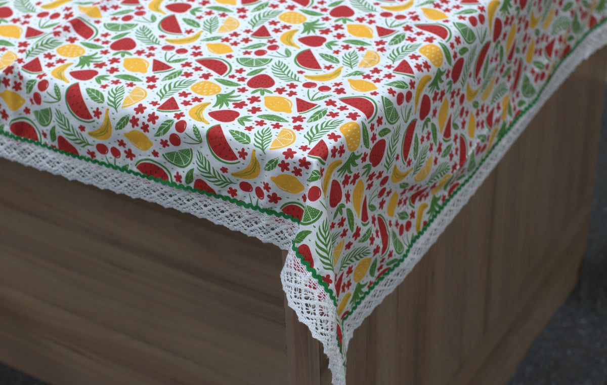 Colorful Fruit Print Table Cloth with Green Border & White Lace – Nushio by Pulpel