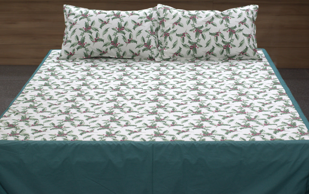 QUEEN Size Floral Bedsheet with 2 Pillow Covers |  Printed Bed Cover | White & Teal Green |