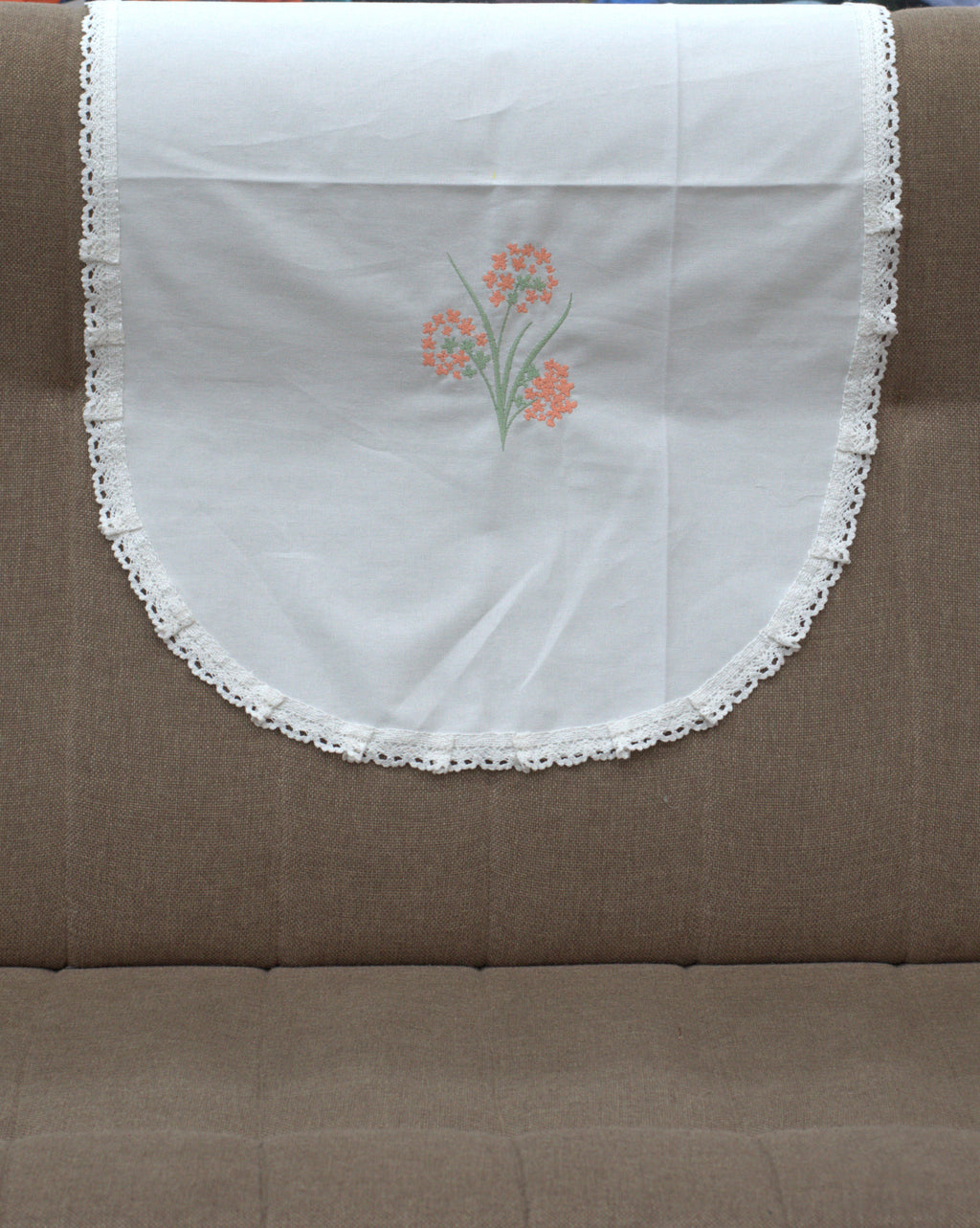 Elegant Floral Embroidered Chair Back Cover Set – 5 Seater with Lace Border | Nushio