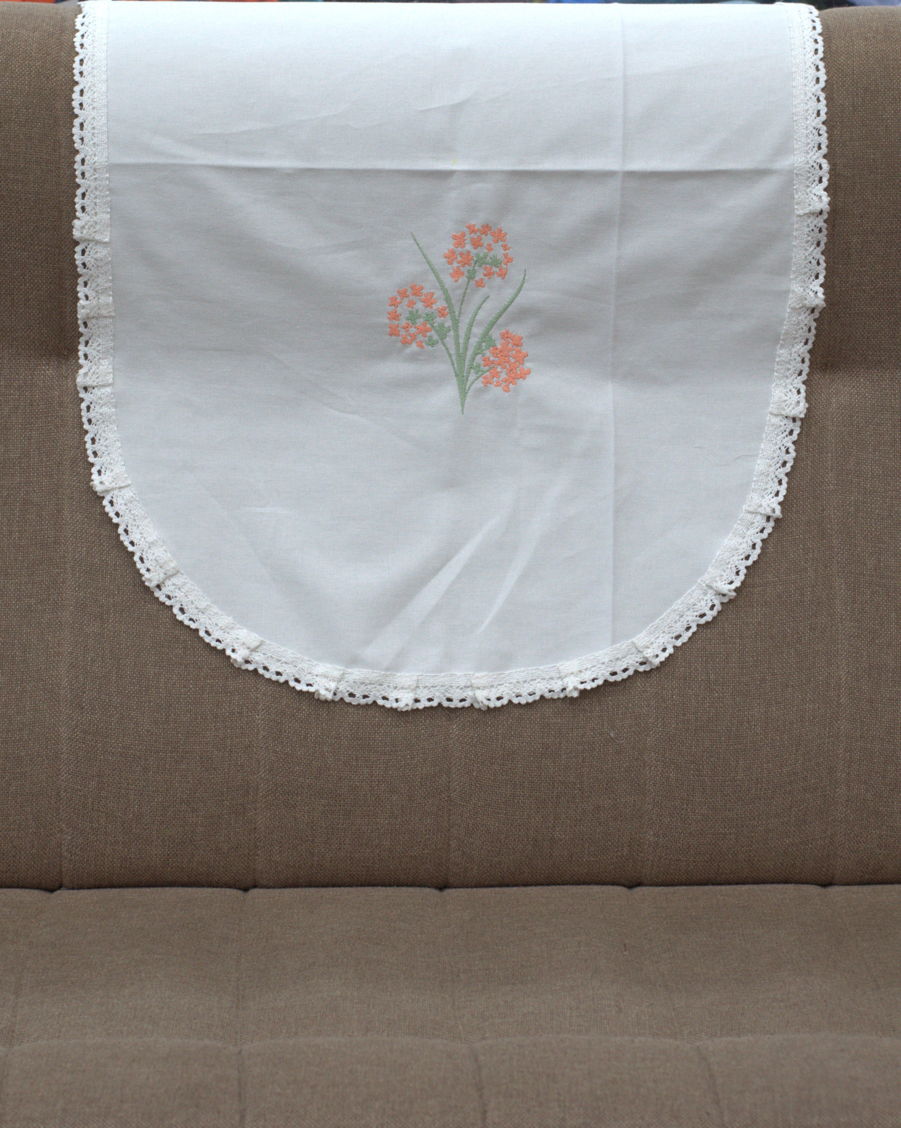 Elegant Floral Embroidered Chair Back Cover Set – 5 Seater with Lace Border | Nushio