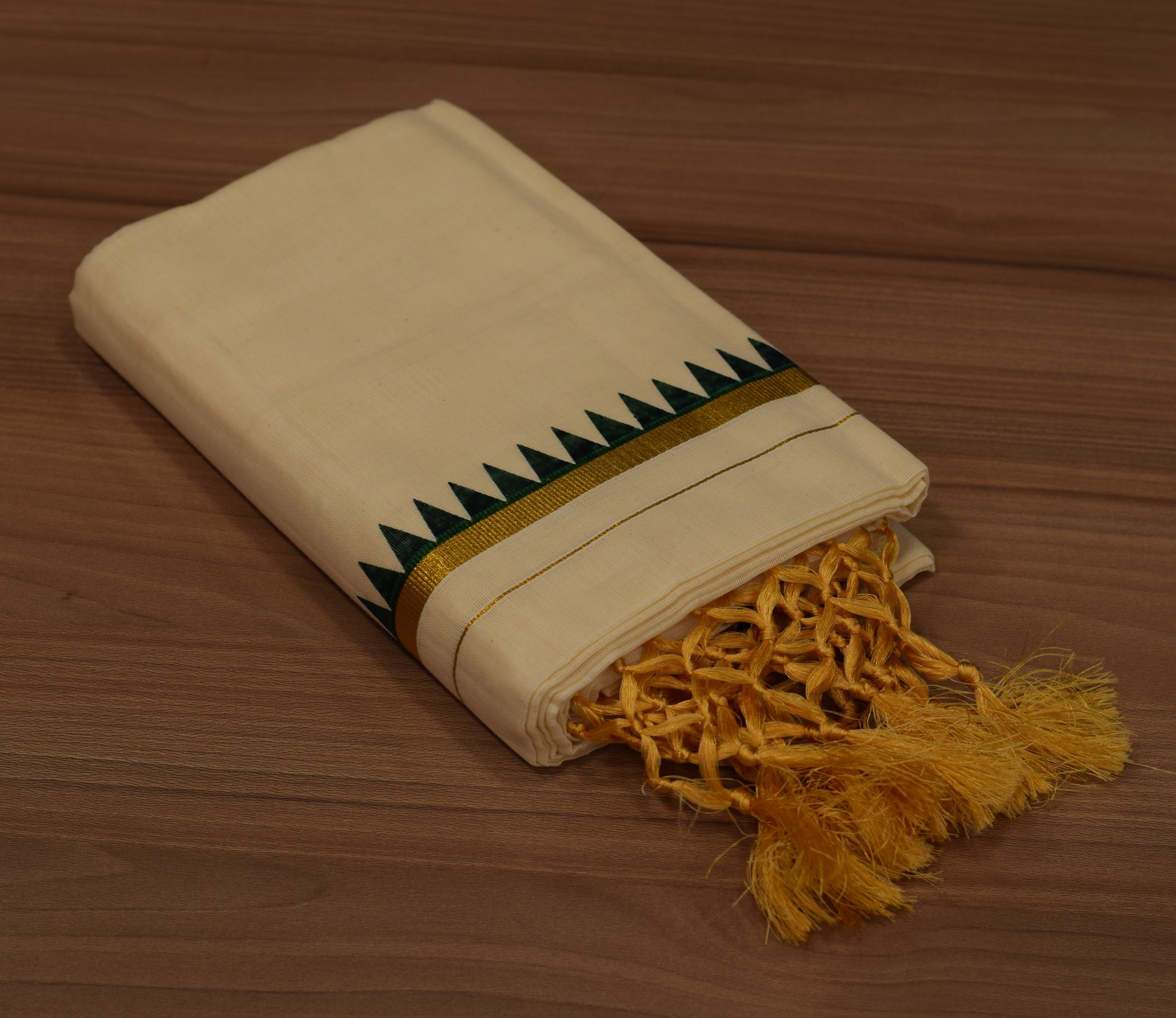 Women's Kerala Kodi Color Set Mundu with Green & Golden Kasavu Border | Traditional Cotton Set Mundu | 2.80 Meter