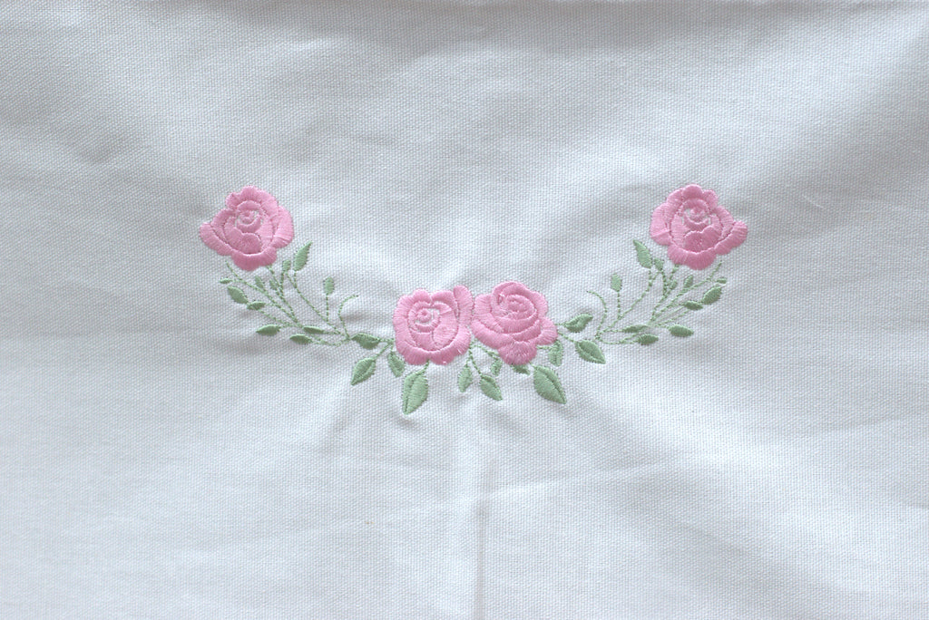 White Chair Back Cover Set (5 Seater) with Pink Floral Embroidery & Lace Border