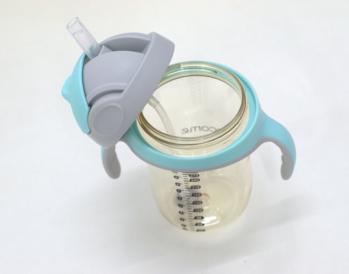 Baby Training Sipper Bottle with Silicone Straw & Easy-Grip Handles (280ml) – Turquoise Blue