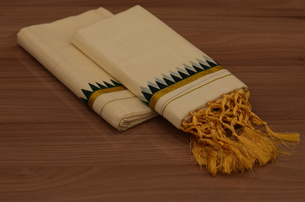 Women's Kerala Kodi Color Set Mundu with Green & Golden Kasavu Border | Traditional Cotton Set Mundu | 2.80 Meter