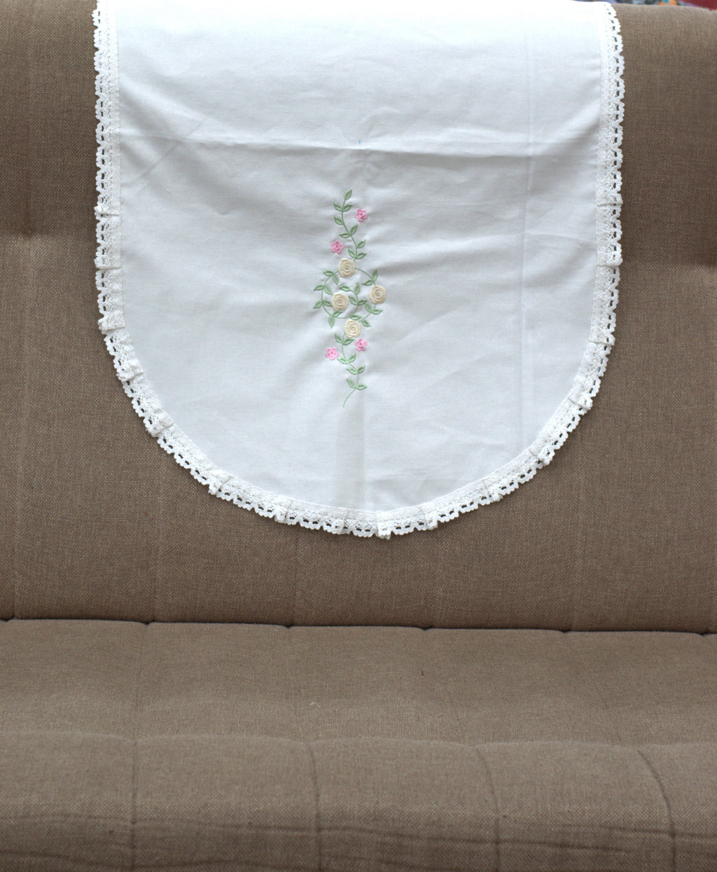 White Floral Embroidered Chair Back Cover Set
