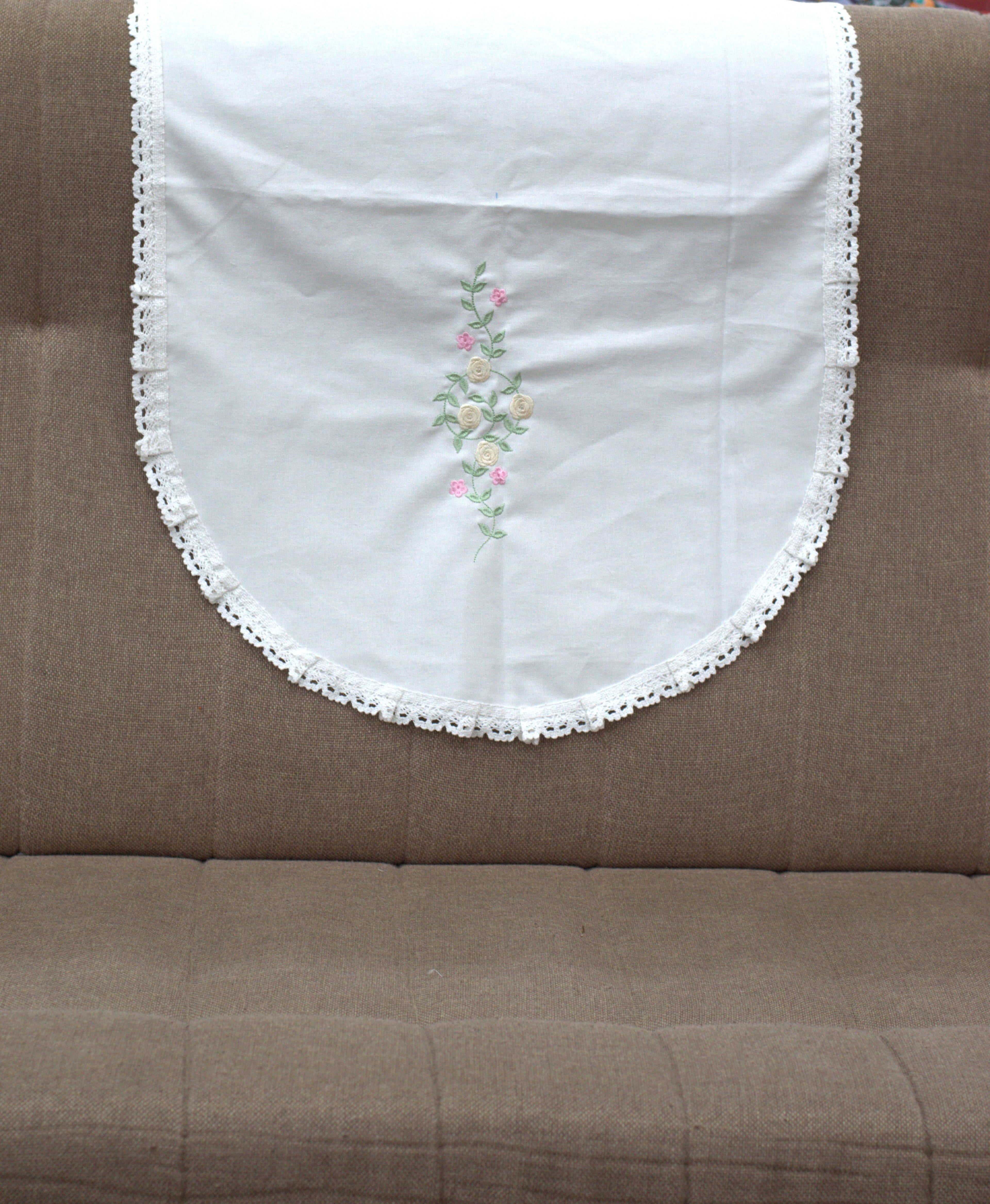 White Floral Embroidered Chair Back Cover Set
