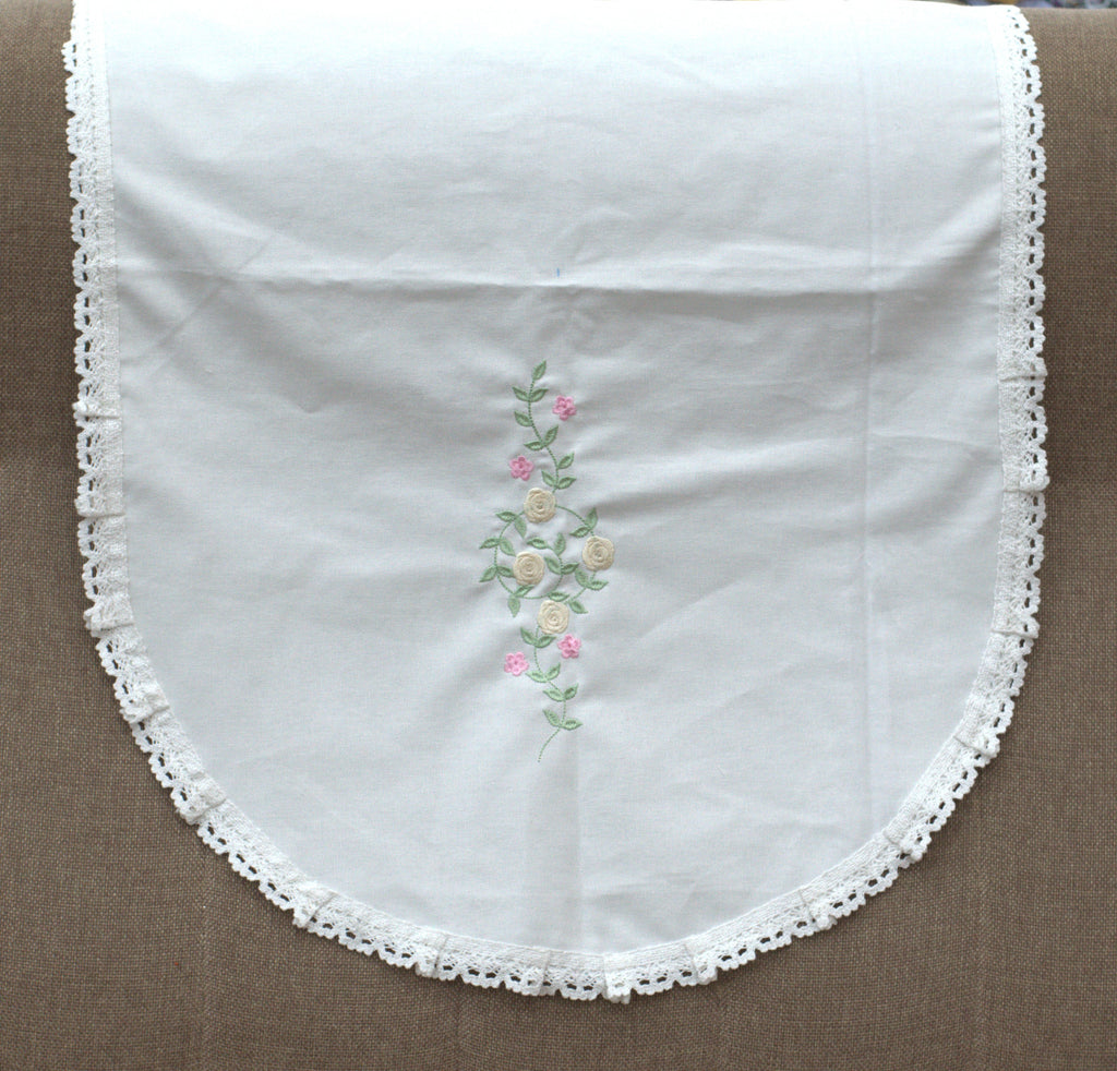 White Floral Embroidered Chair Back Cover Set