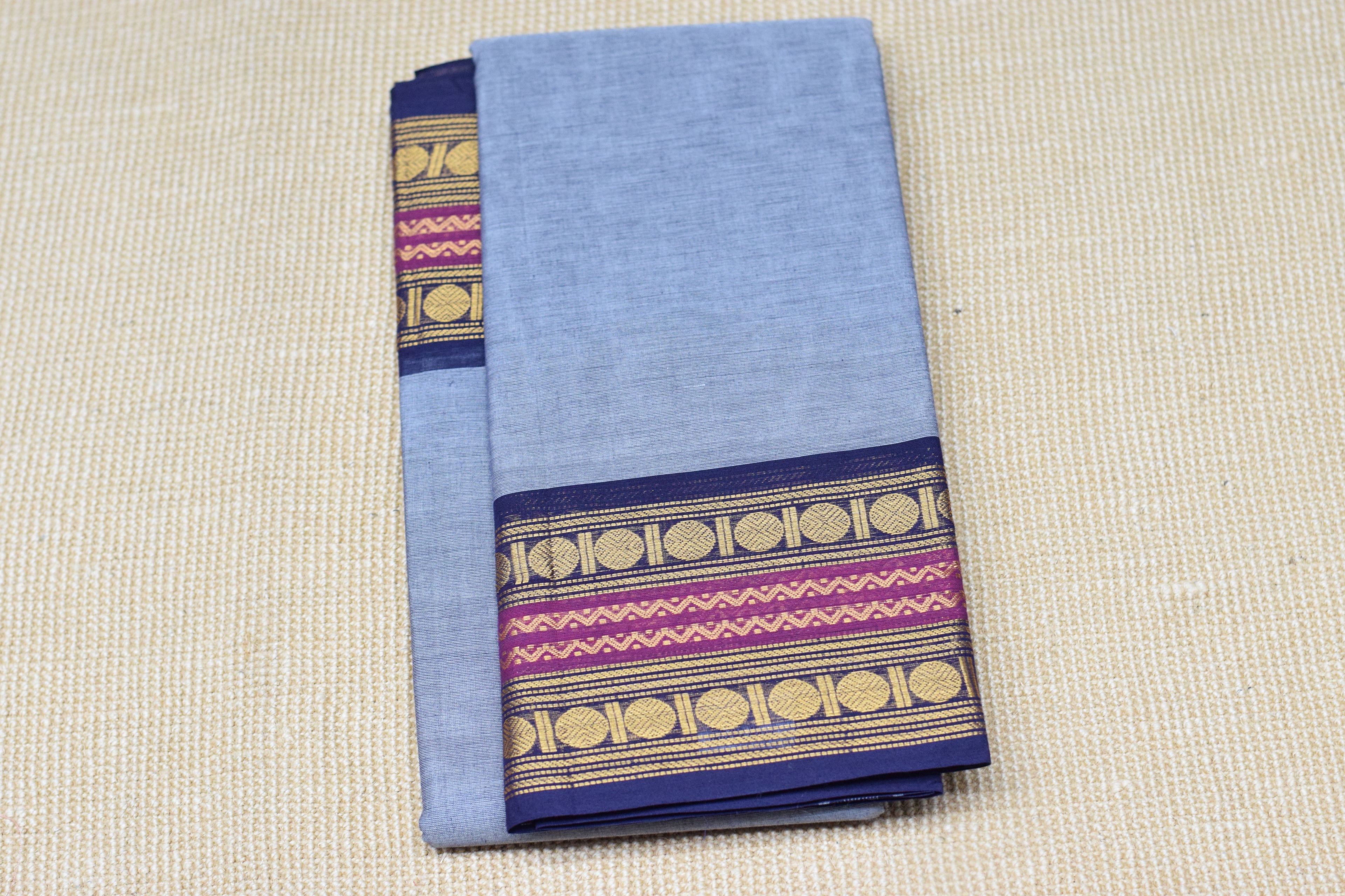 Elegant Grey Cotton Saree with Rich Zari Border