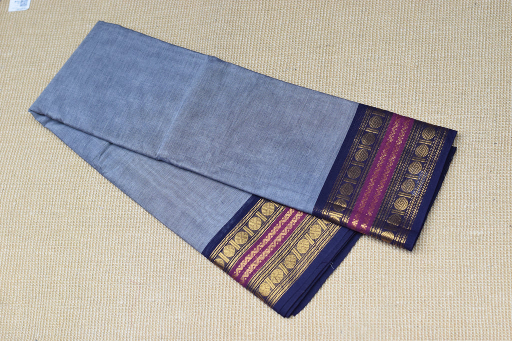 Elegant Grey Cotton Saree with Rich Zari Border