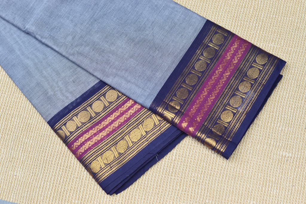 Elegant Grey Cotton Saree with Rich Zari Border