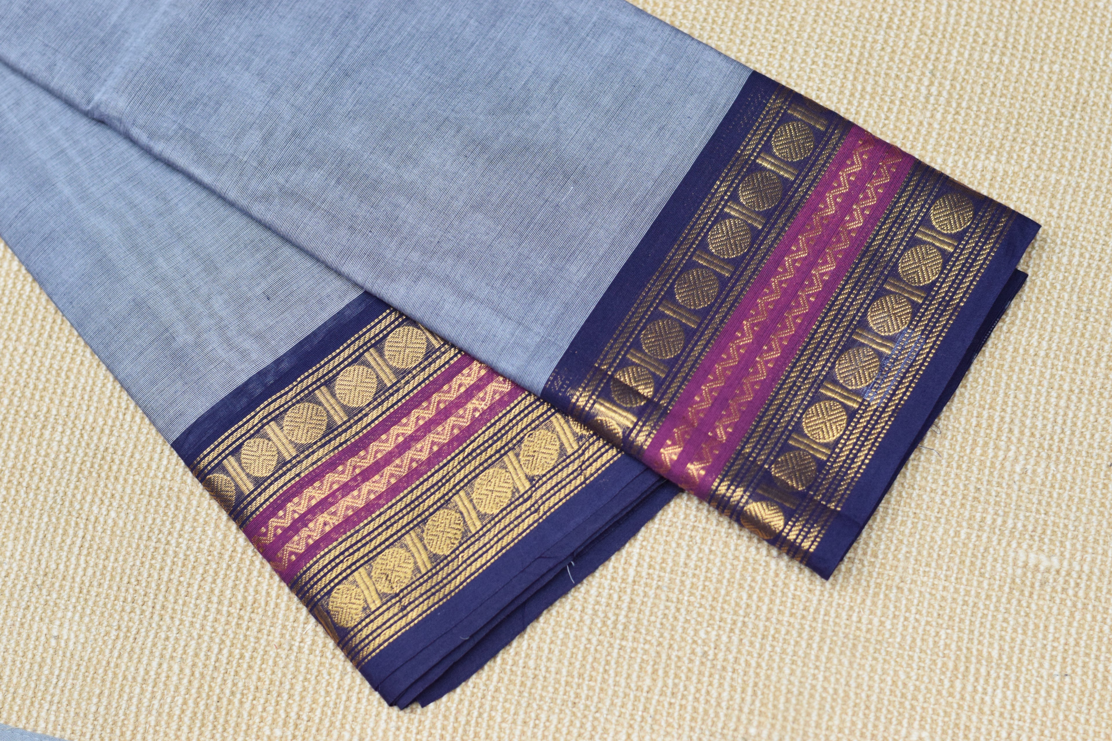 Elegant Grey Cotton Saree with Rich Zari Border