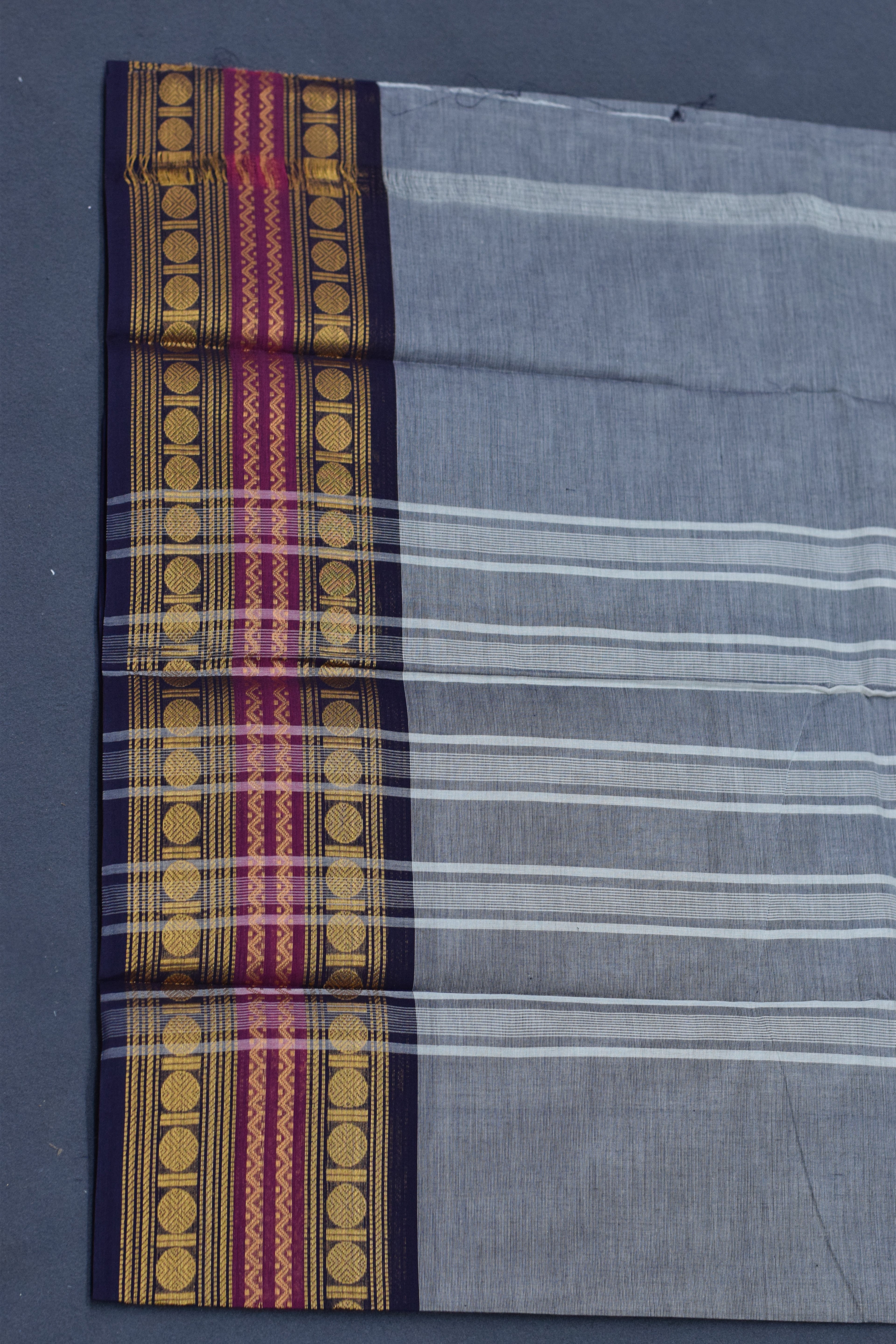 Elegant Grey Cotton Saree with Rich Zari Border