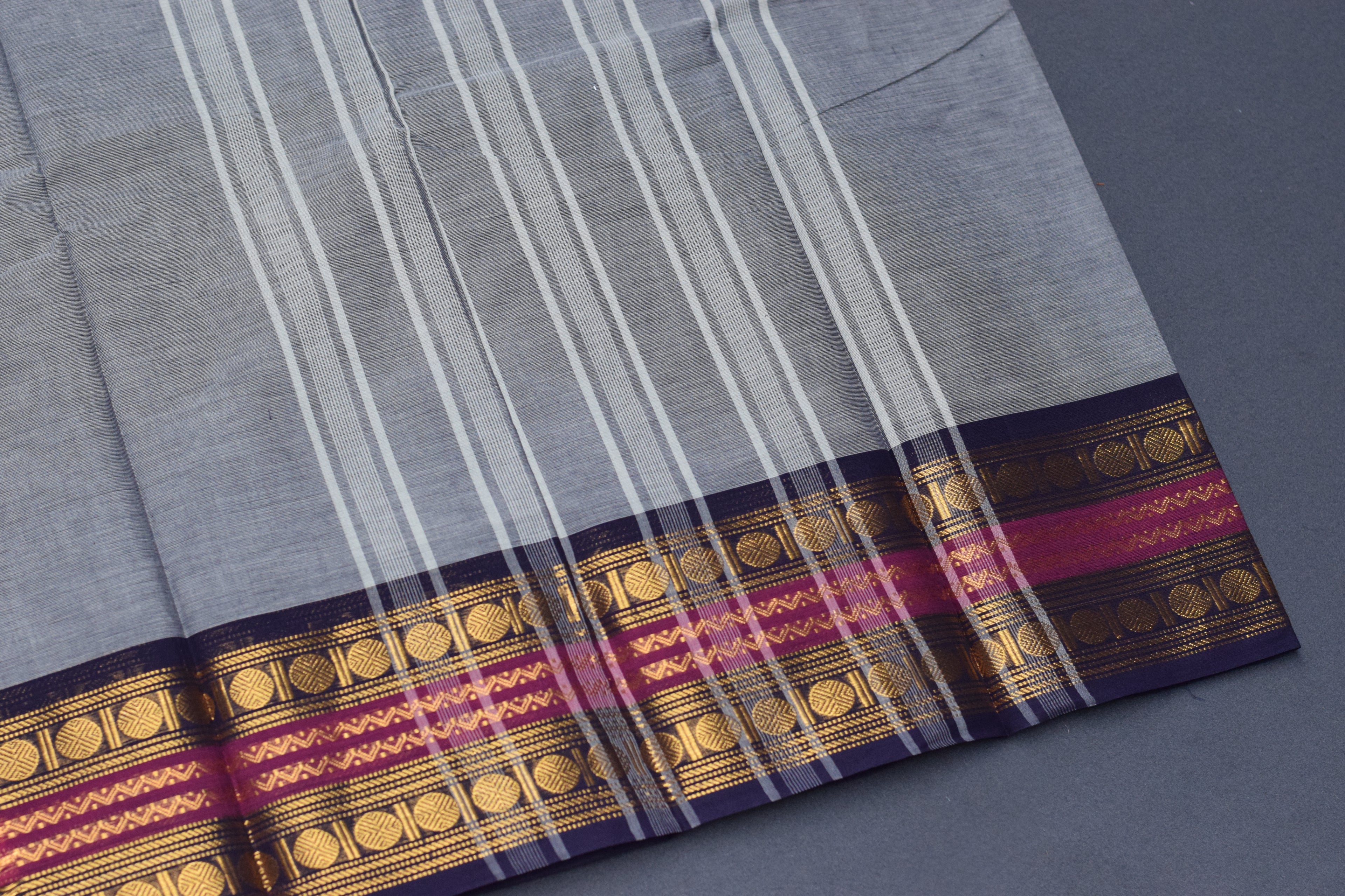 Elegant Grey Cotton Saree with Rich Zari Border