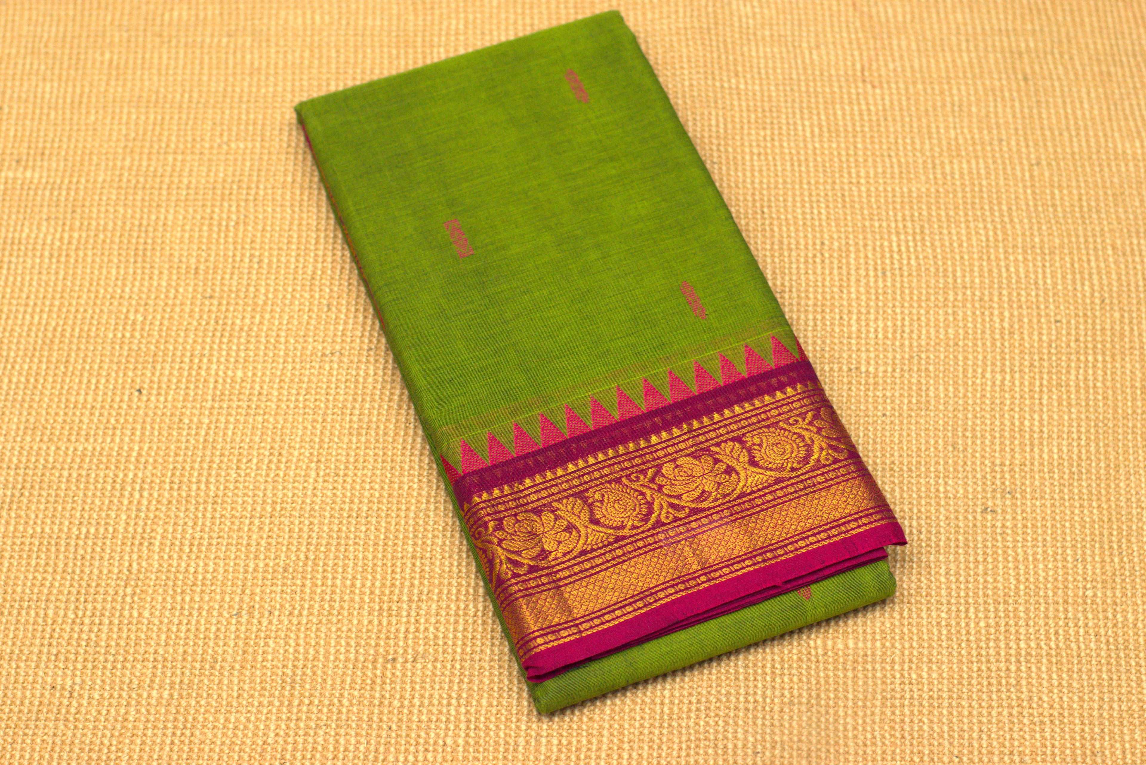 Elegant Green Cotton Silk Saree with Magenta Zari Border & Tassels