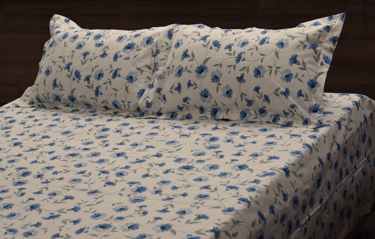 Floral Cotton Blend Bedsheet – Queen Size 90 × 100 Inches | Blue
