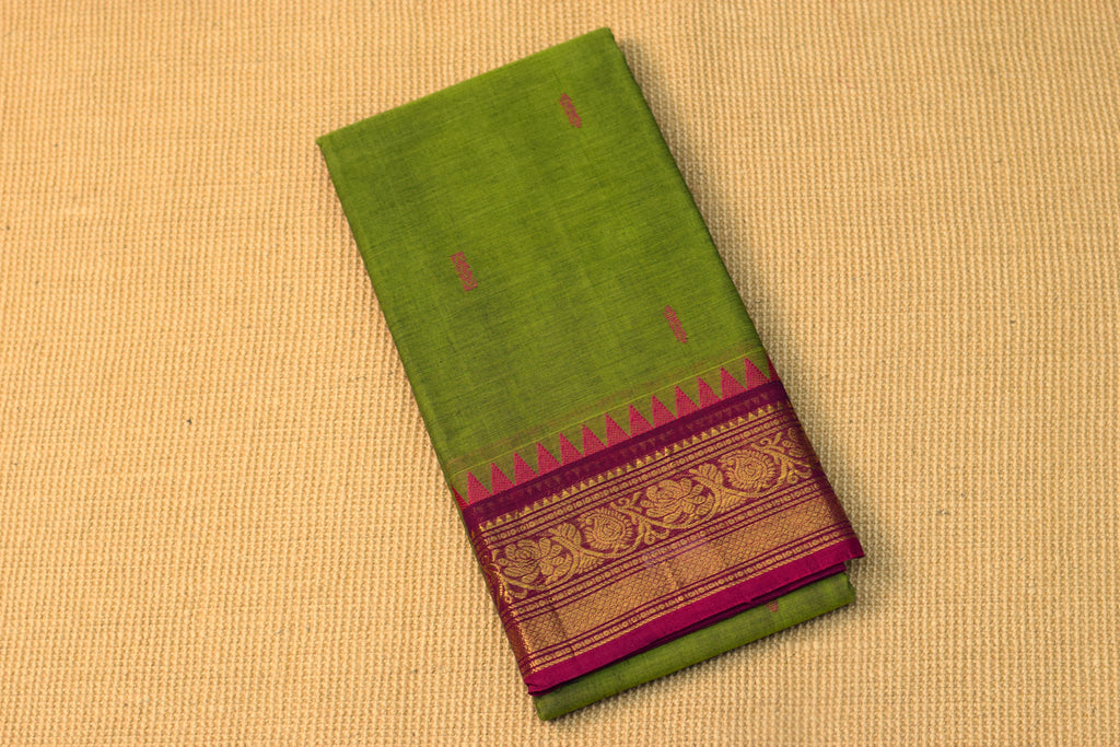 Elegant Green Cotton Silk Saree with Magenta Zari Border & Tassels