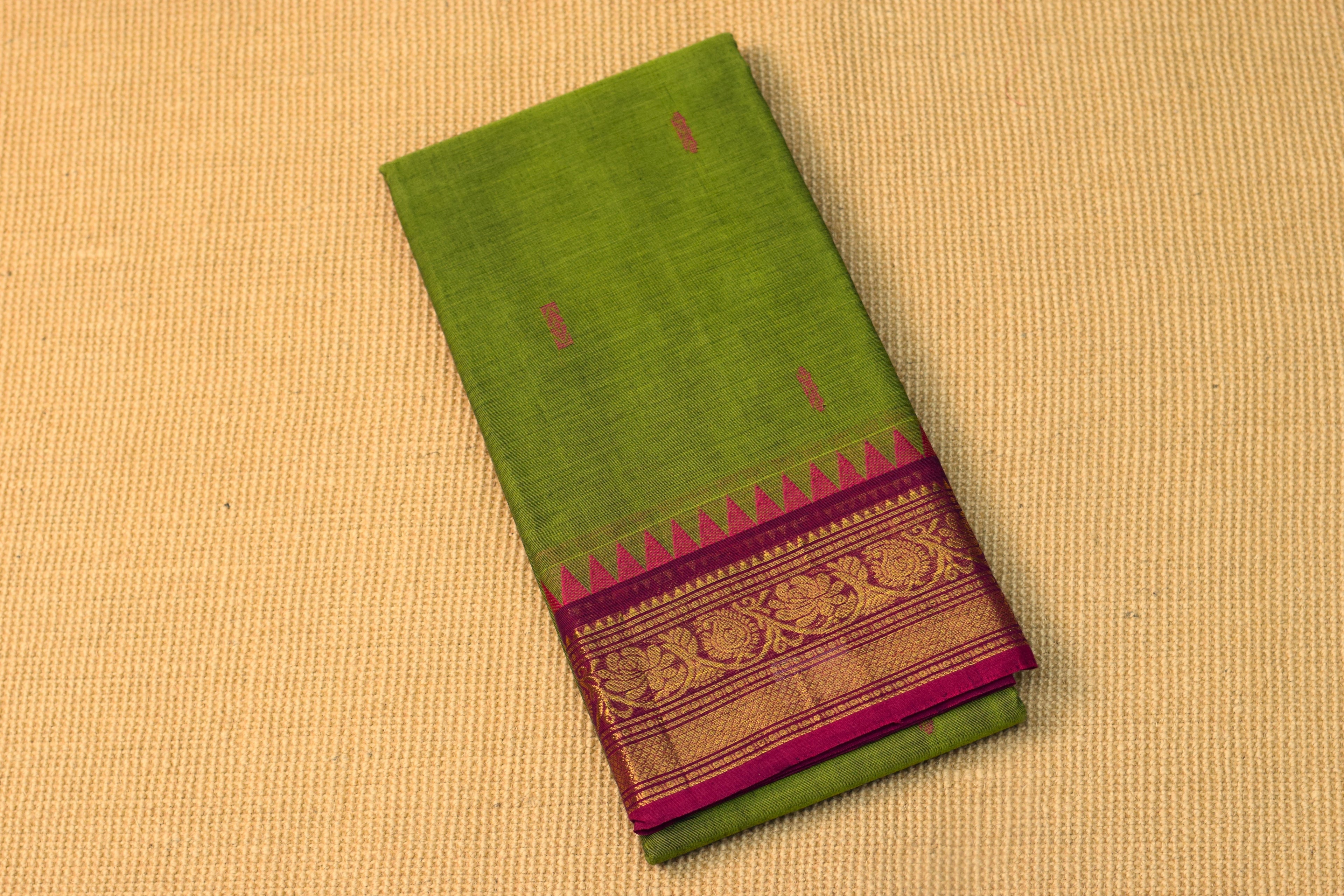 Elegant Green Cotton Silk Saree with Magenta Zari Border & Tassels