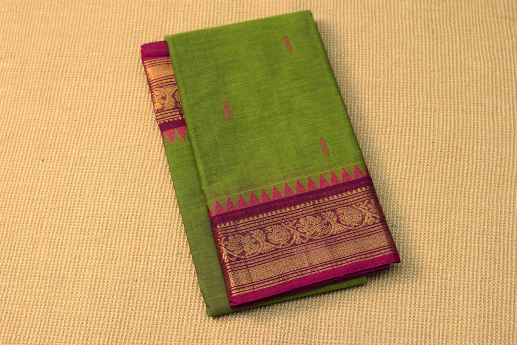 Elegant Green Cotton Silk Saree with Magenta Zari Border & Tassels