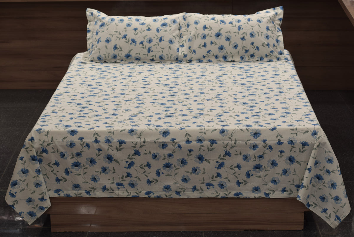 Floral Cotton Blend Bedsheet – Queen Size 90 × 100 Inches | Blue