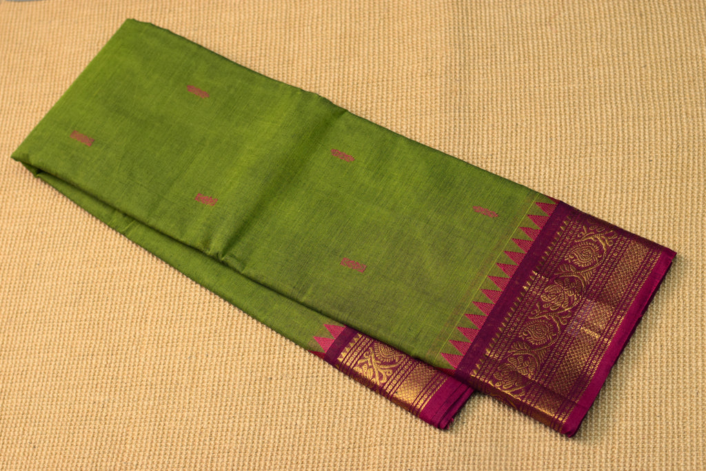 Elegant Green Cotton Silk Saree with Magenta Zari Border & Tassels