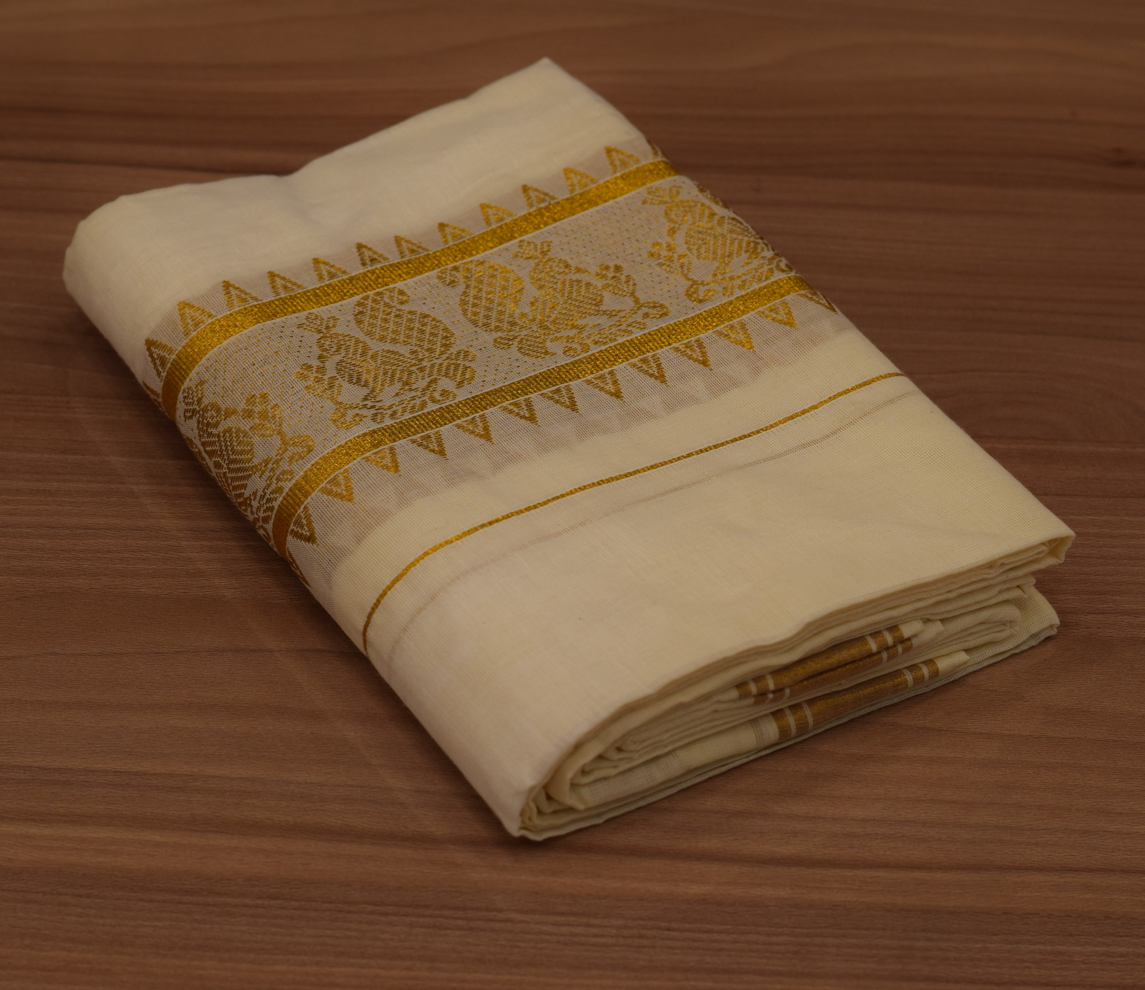 Kerala Kodi Color Women's Set Mundu – 2.50 Meter Traditional Cotton Set Mundu with Peacock Design Golden Border