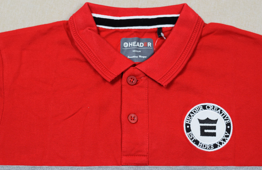 Men's Red Color Block Polo T-Shirt – Cotton Blend Half Sleeve Collared Tee | Medium