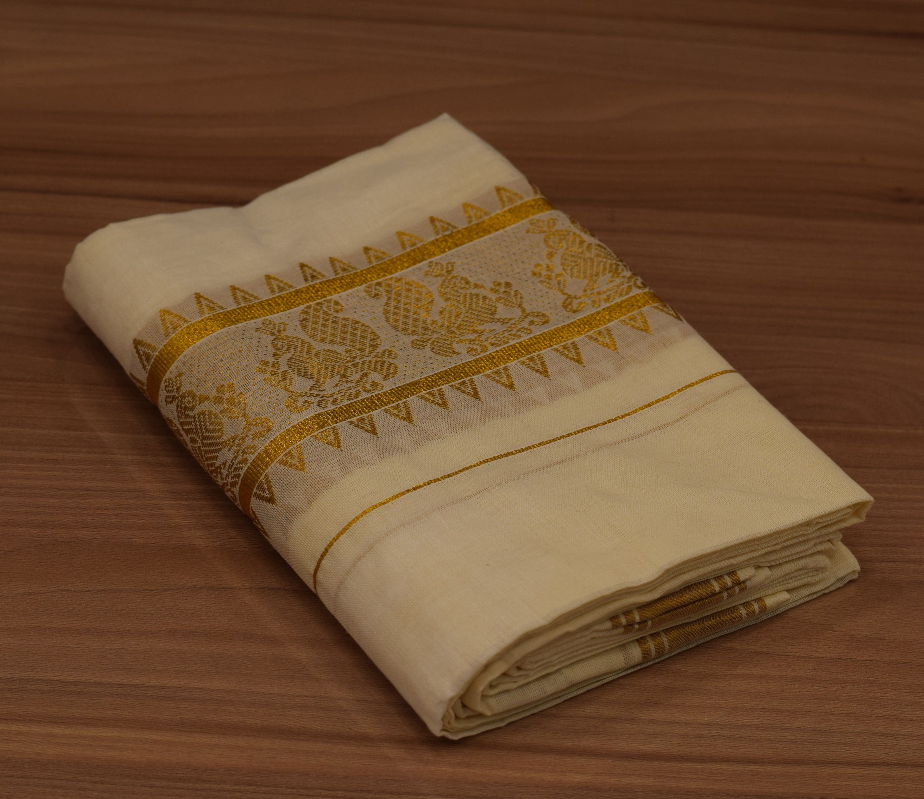 Kerala Kodi Color Women's Set Mundu – 2.50 Meter Traditional Cotton Set Mundu with Peacock Design Golden Border