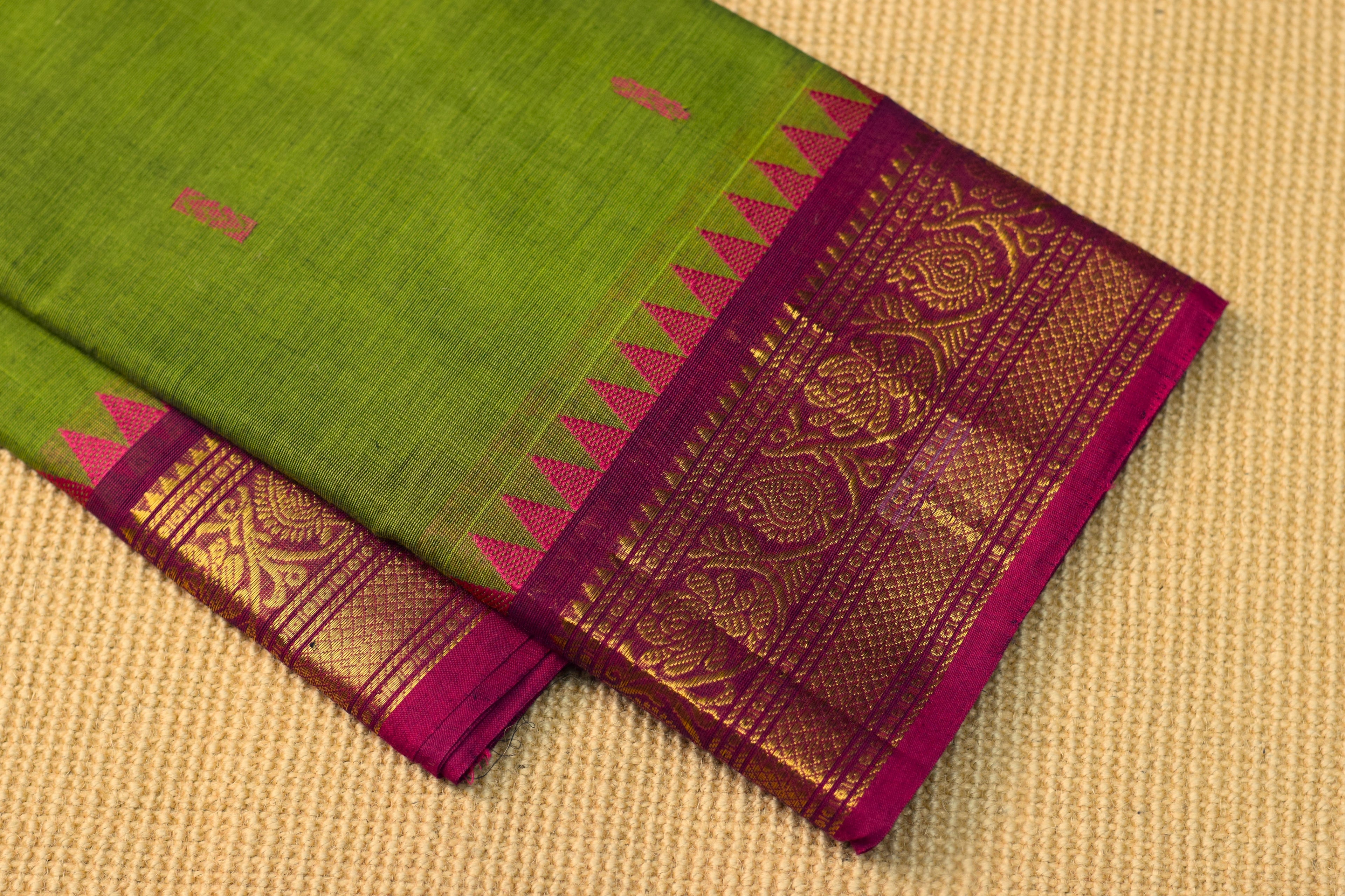 Elegant Green Cotton Silk Saree with Magenta Zari Border & Tassels