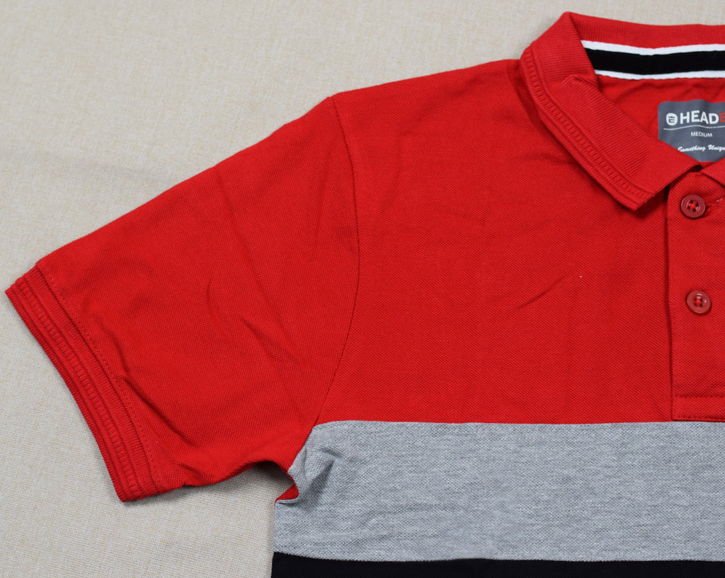 Men's Red Color Block Polo T-Shirt – Cotton Blend Half Sleeve Collared Tee | Medium