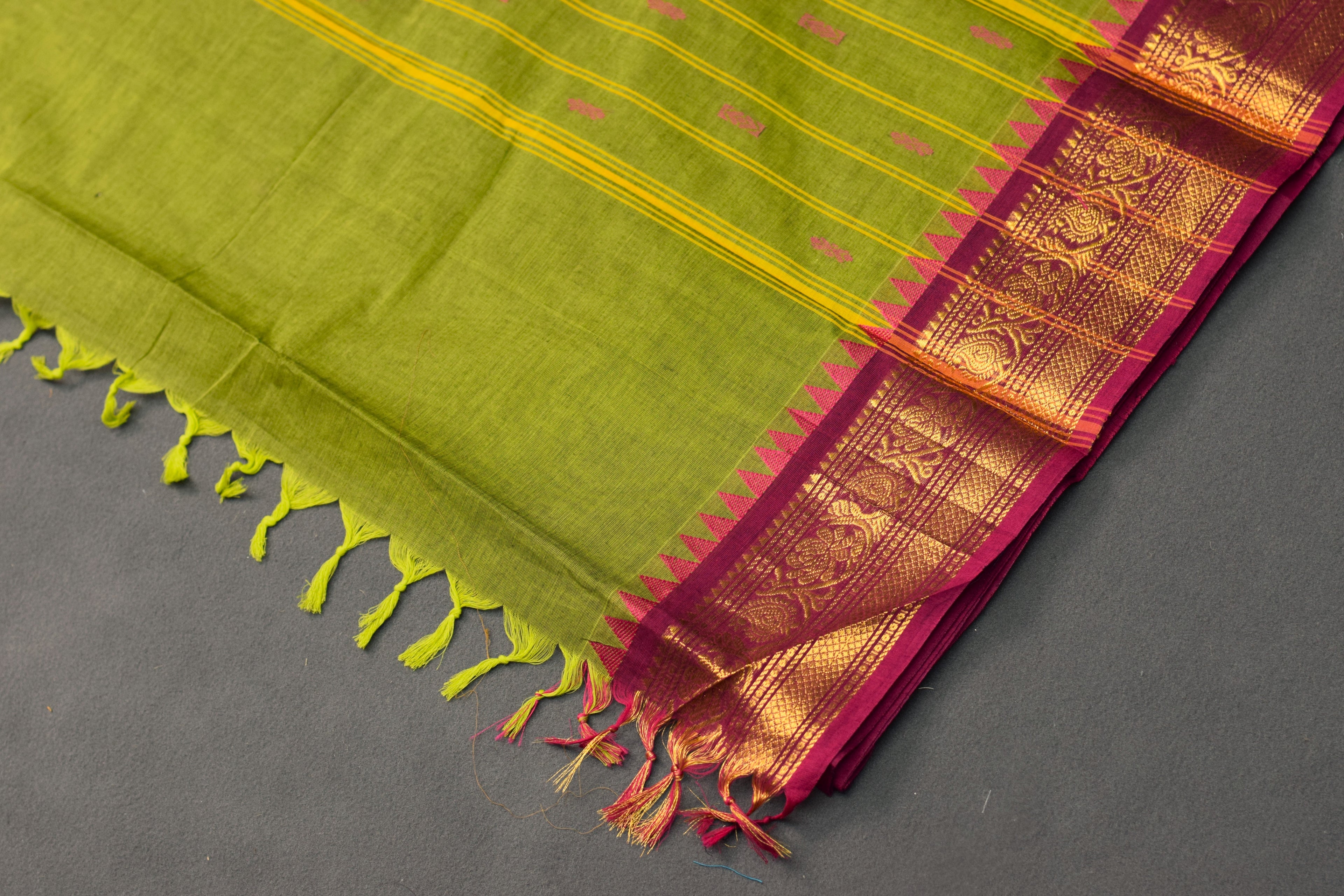 Elegant Green Cotton Silk Saree with Magenta Zari Border & Tassels