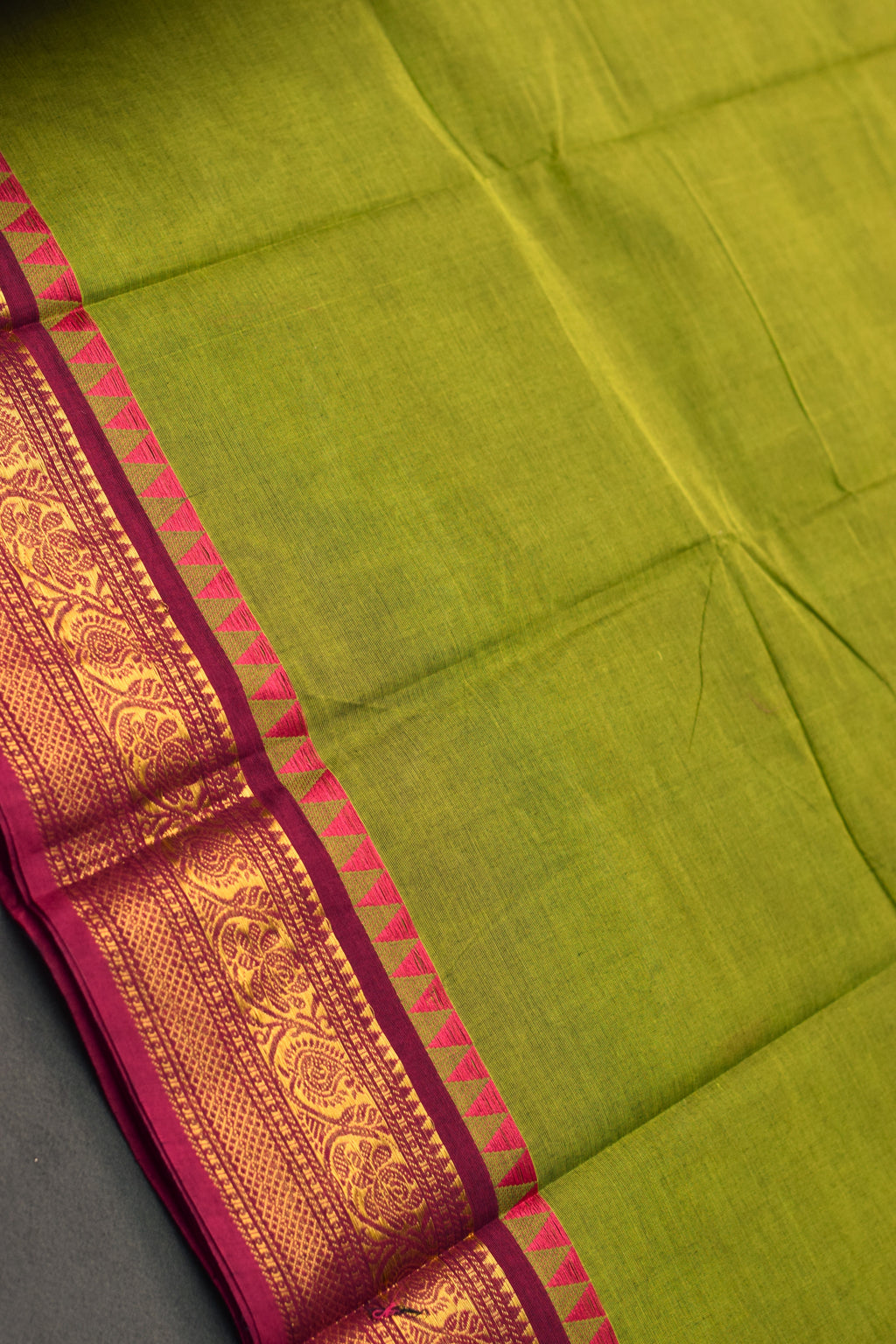 Elegant Green Cotton Silk Saree with Magenta Zari Border & Tassels