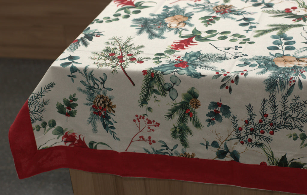 Christmas Floral Printed Table Cloth with Red Border | 240 × 150 cm – Nushio by Pulpel