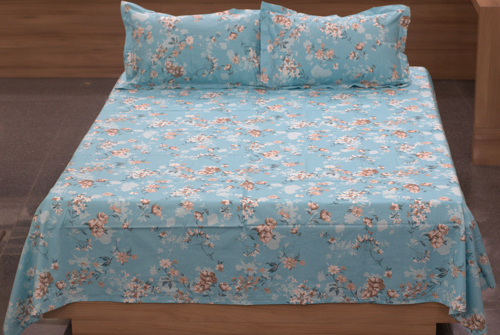 Sky Blue Floral Queen Size Bedsheet with Pillow Covers