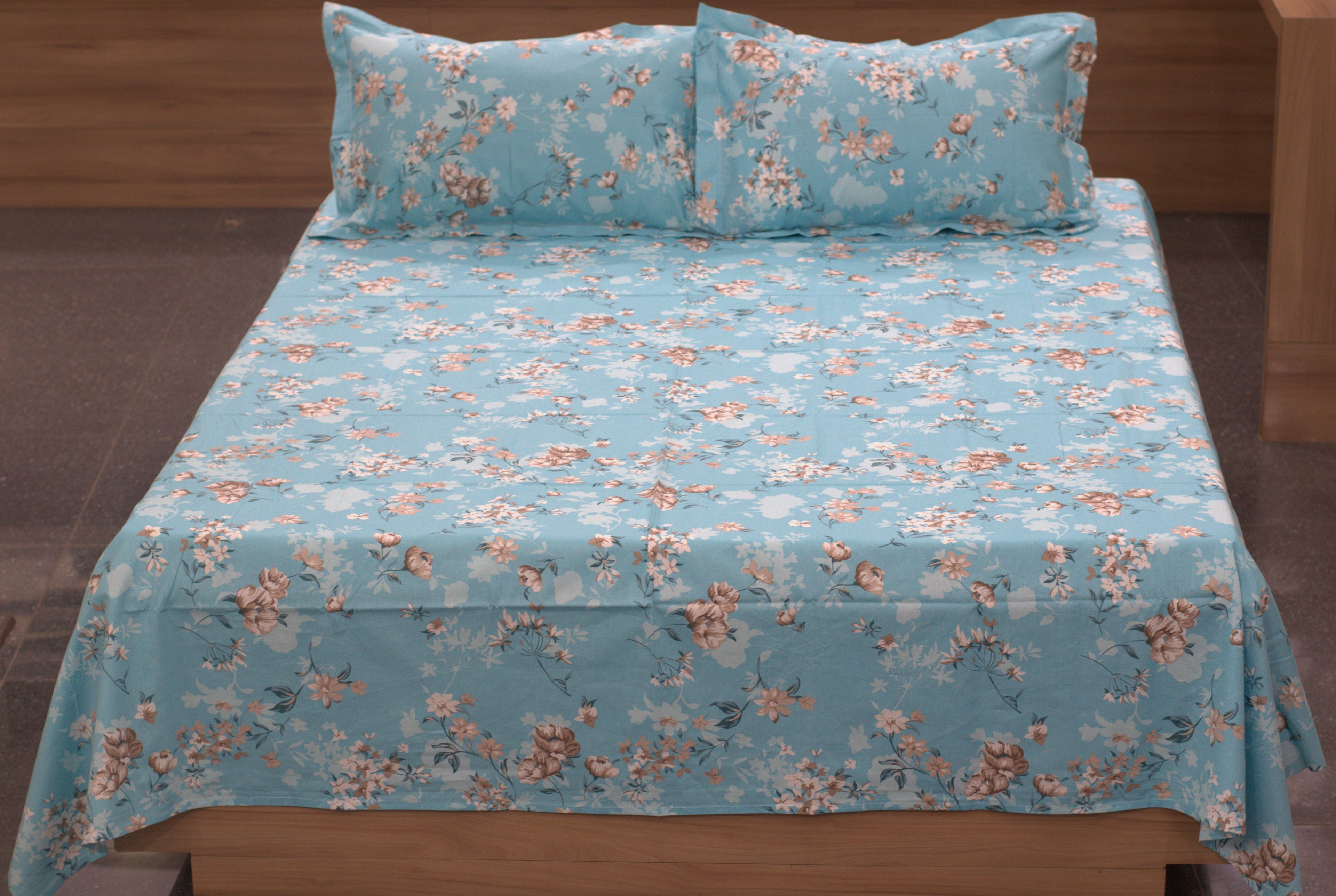 Sky Blue Floral Queen Size Bedsheet with Pillow Covers