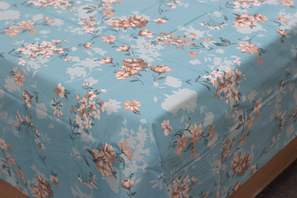 Sky Blue Floral Queen Size Bedsheet with Pillow Covers