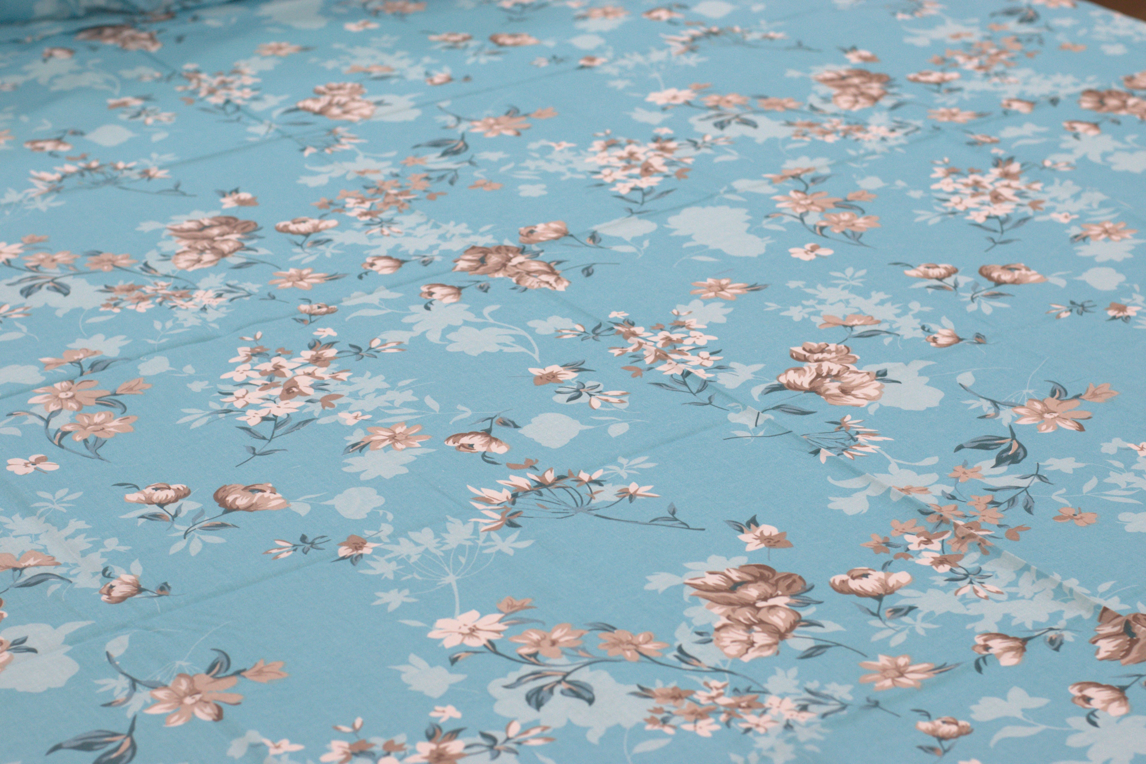Sky Blue Floral Queen Size Bedsheet with Pillow Covers