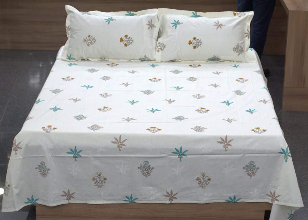 Off White Floral Print Queen Size Bedsheet with Pillow Covers