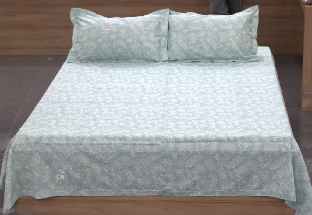 Mint Green Floral Queen Size Bedsheet with 2 Pillow Covers
