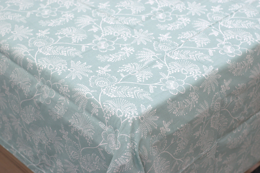 Mint Green Floral Queen Size Bedsheet with 2 Pillow Covers
