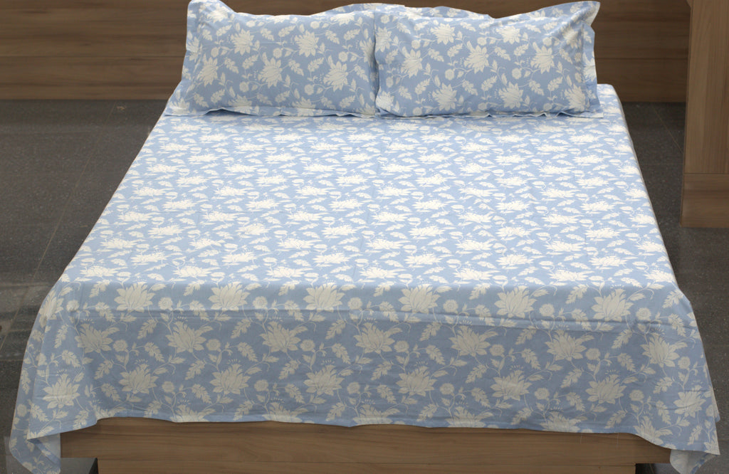 Sky Blue Floral Queen Size Bedsheet with 2 Pillow Covers – Soft &amp; Elegant Printed Bed Sheet