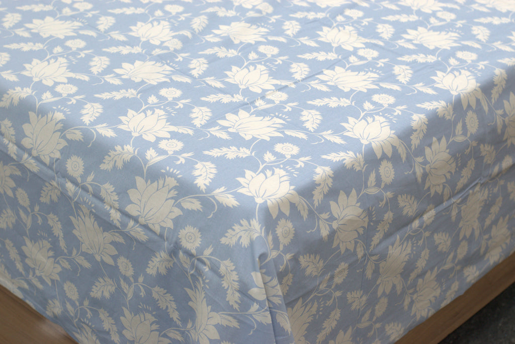 Sky Blue Floral Queen Size Bedsheet with 2 Pillow Covers – Soft &amp; Elegant Printed Bed Sheet