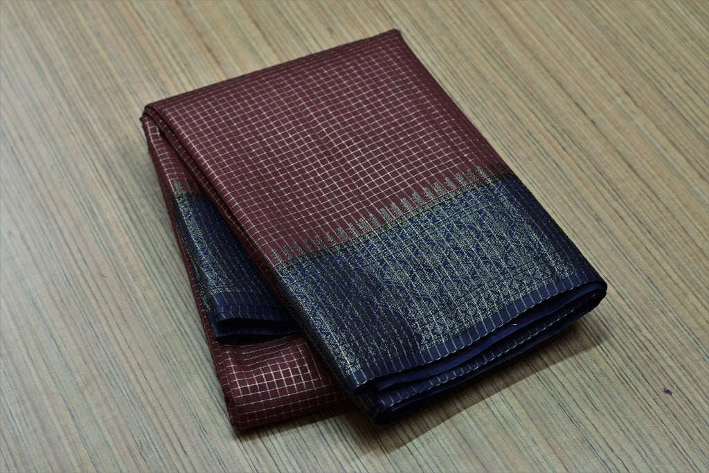 Maroon & Navy Blue Semi Banarasi Silk Saree with Zari Checkered – Nushio by Pulpel