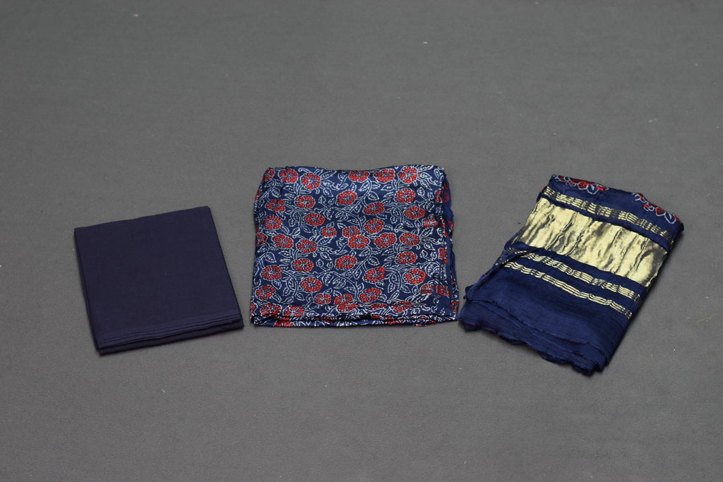 Midnight Blue Floral Modal Silk Churidar Material Set with Dupatta